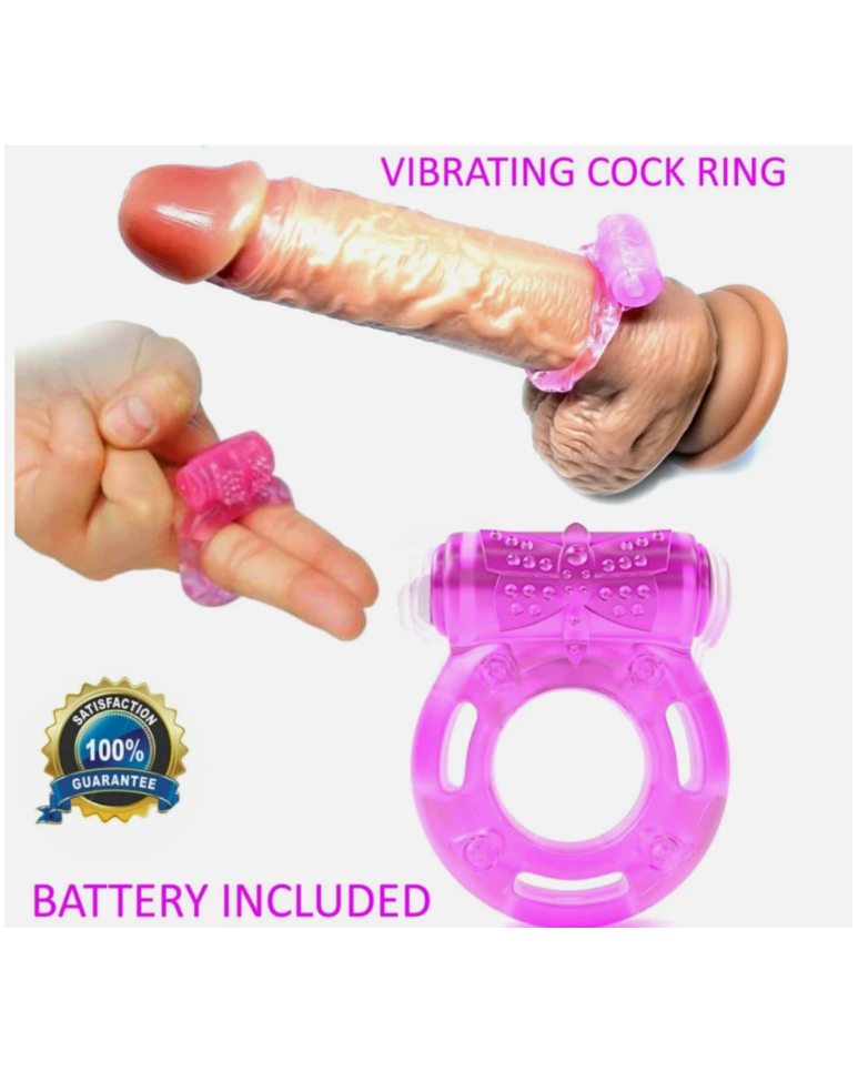 Purple vibrating cock ring with a satisfaction guarantee badge on a white background