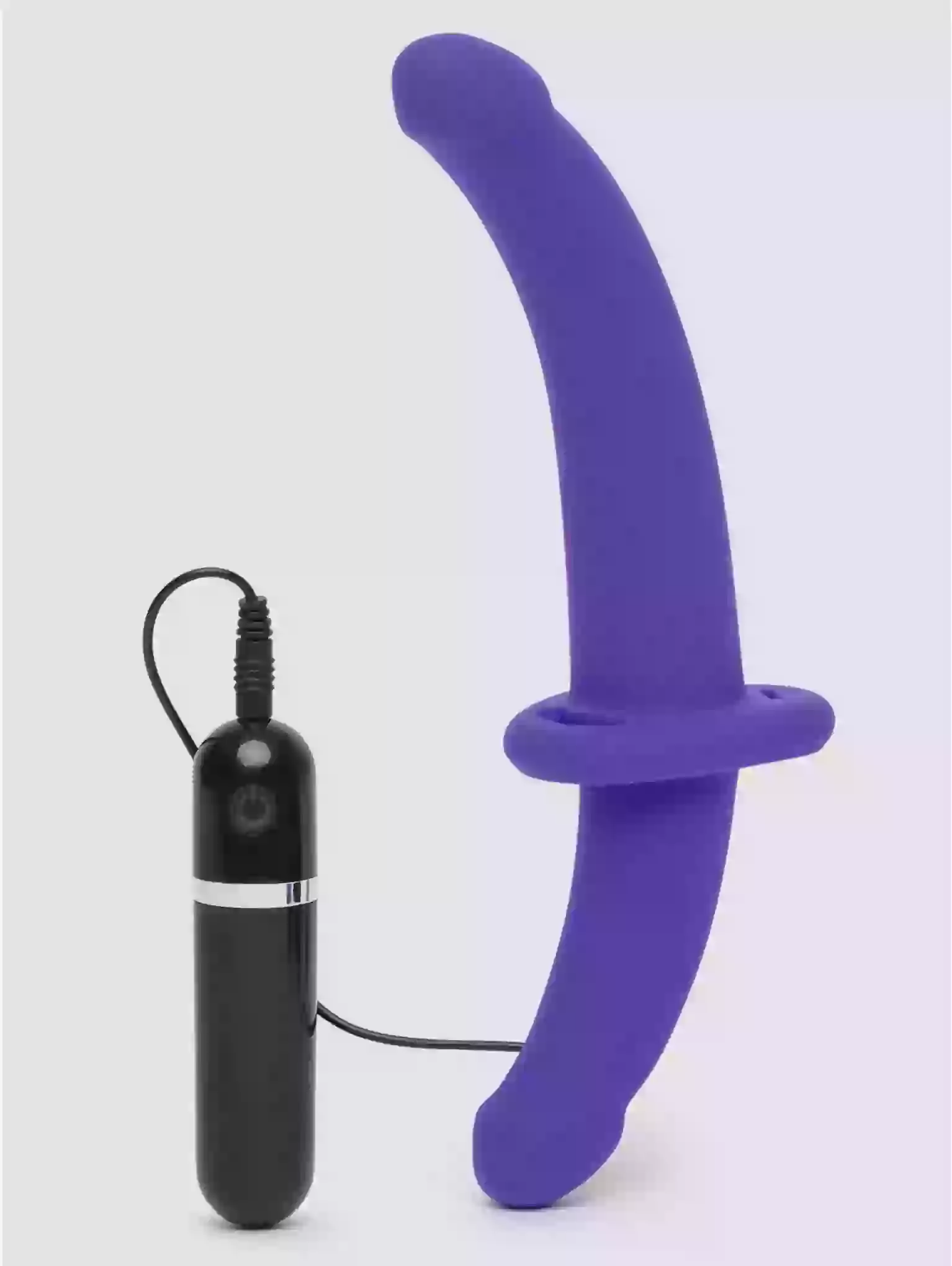 Black electronic device with a purple curved handle on a white background