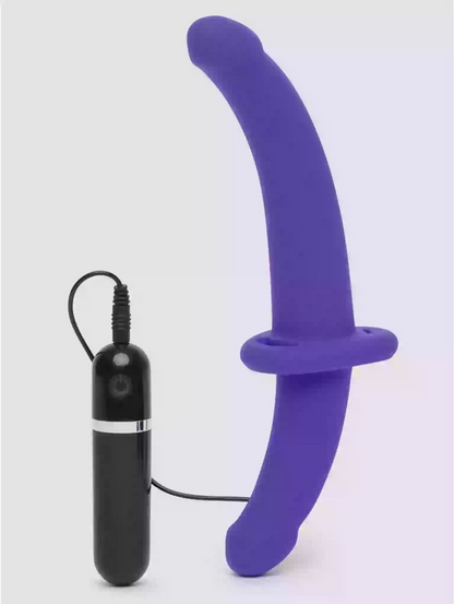 Black electronic device with a purple curved handle on a white background