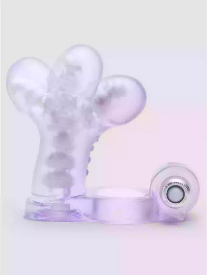 Clear silicone product with purple accents on a light gray background