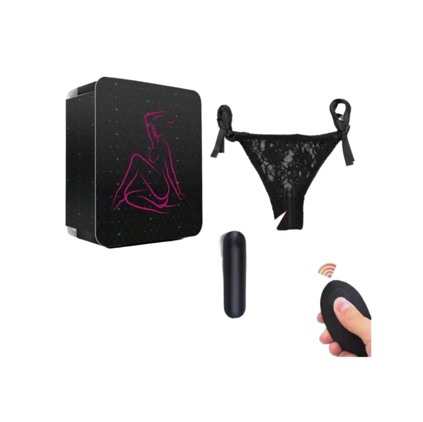 Black electronic device with remote control and black lace thong on a white background