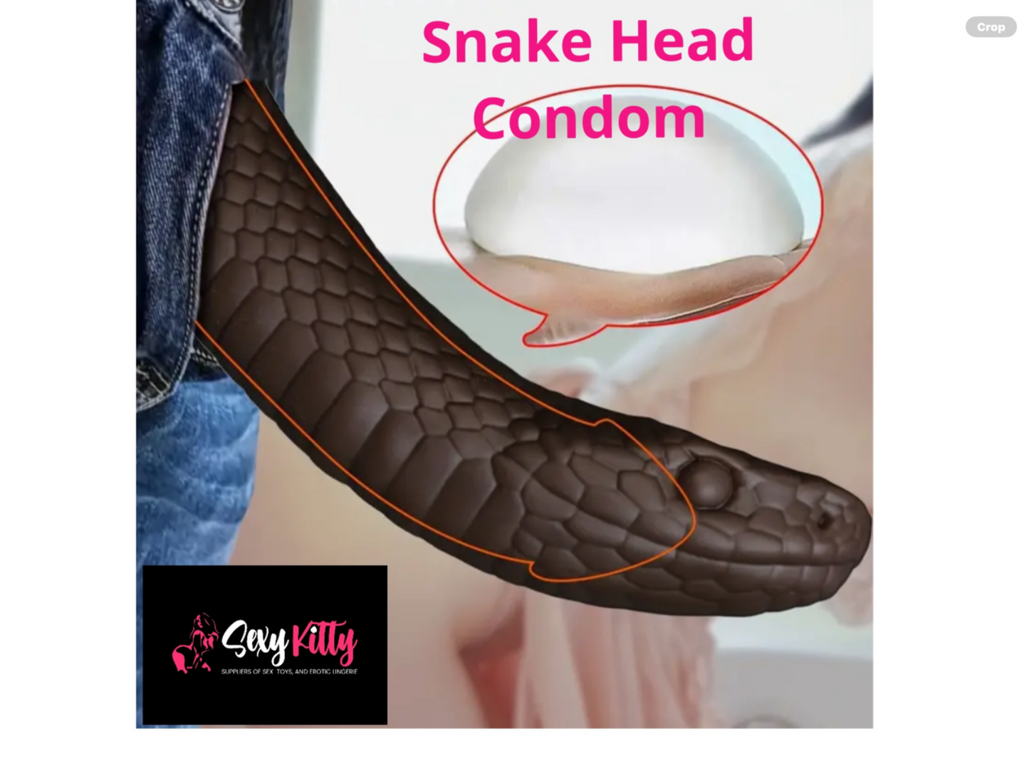 Snake head condom with 'Say Kitty' branding on a white background