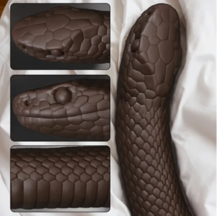 Chocolate snake with detailed texture on a white background