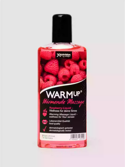 Bottle of Warm-up massage liquid with raspberry flavor on a white background