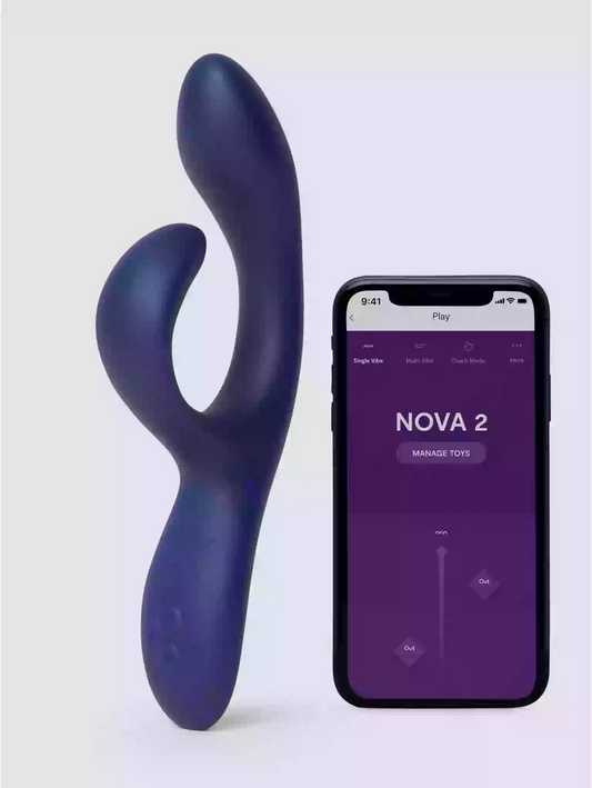 Purple electronic device with smartphone displaying 'NOVA 2' app on a white background