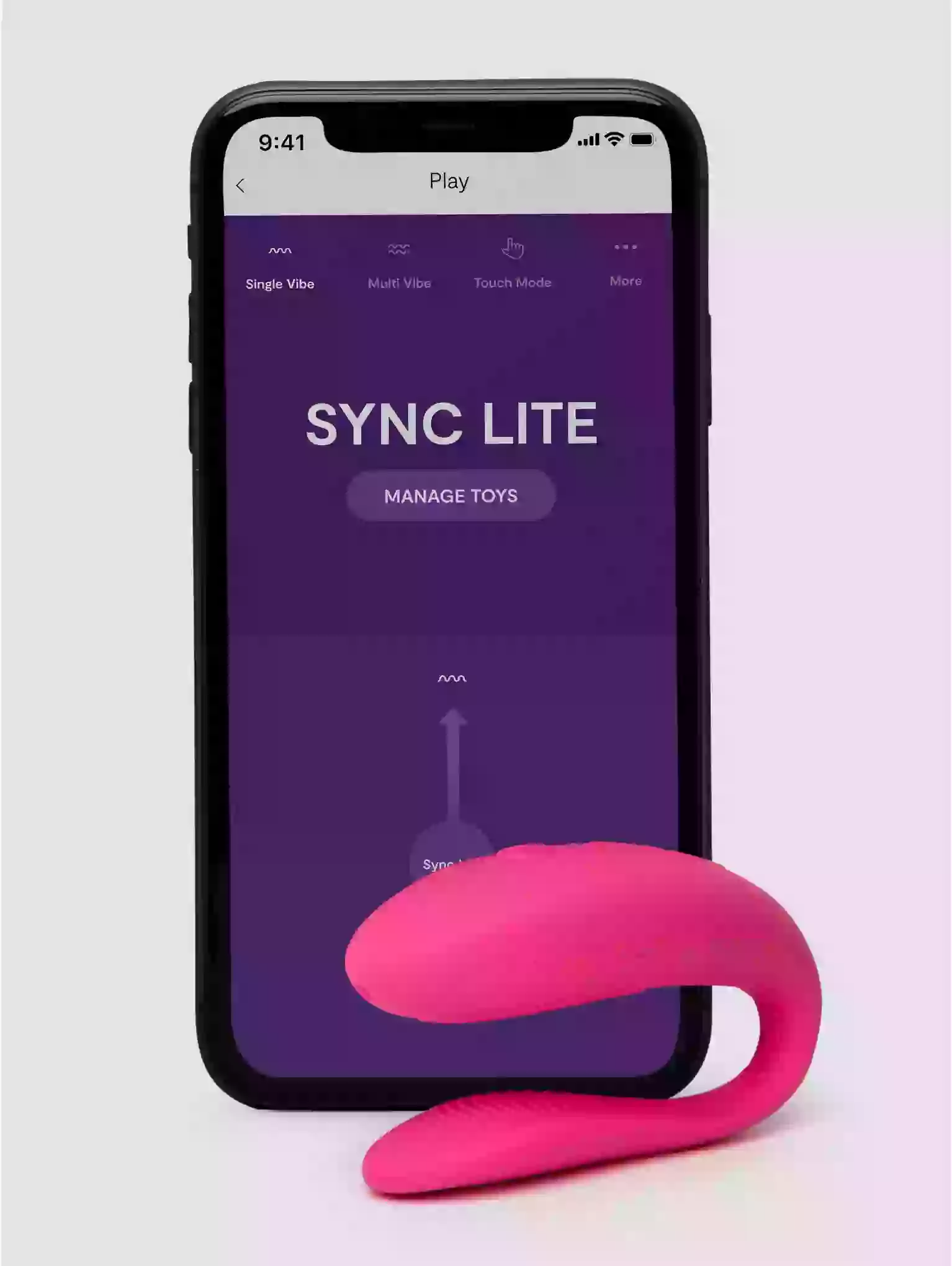 Smartphone displaying 'SYNC LITE' app with a pink toy on a light gray background
