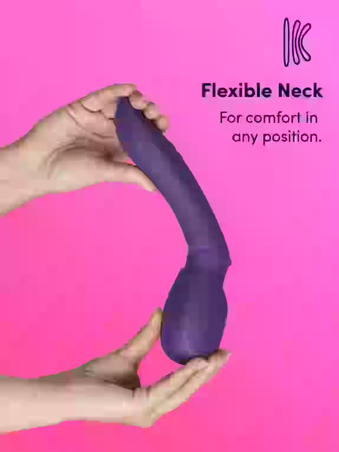 Purple neck pillow with hands holding it against a pink background, featuring text about a flexible neck.