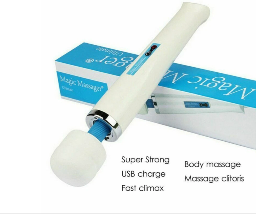 White massage device with packaging labeled 'Magic Massage' on a white background