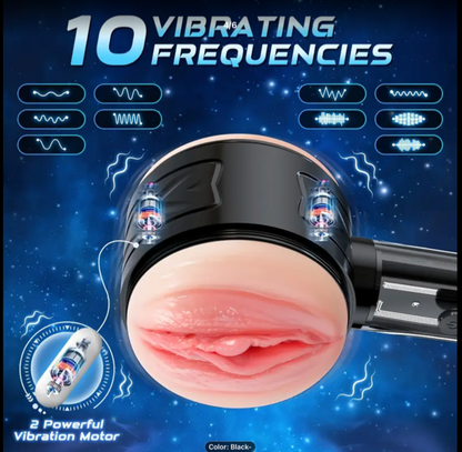 Product advertisement with a black device showing skin texture and '10 Vibrating Frequencies' on a blue background.