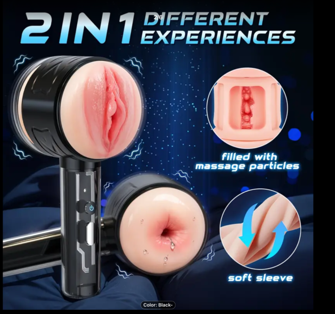 2-in-1 device with massage particles and soft sleeve on a dark background