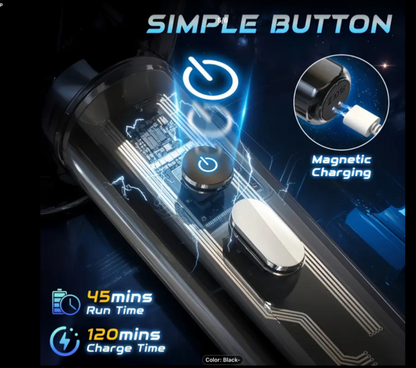 Electronic device with a simple button for magnetic charging, showing 45 minutes run time and 120 minutes charge time.