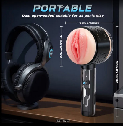 Black handheld device with pink head, headphones on a dark background